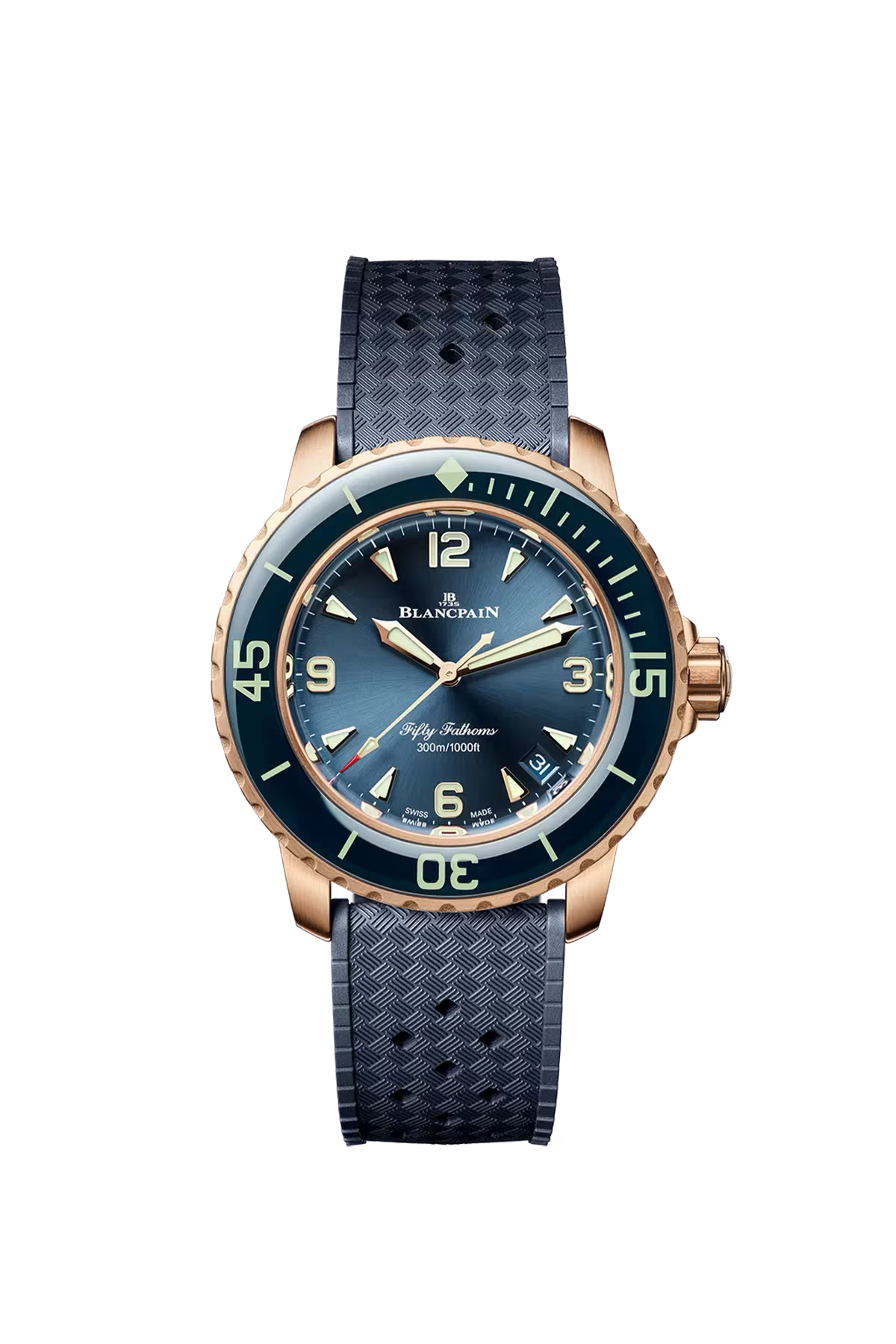 Часы Blancpain Fifty Fathoms Automatique 38,2 мм: корпус из красного золота и синий циферблат с солнечной отделкой. Референс 5007-36B40-O64B.