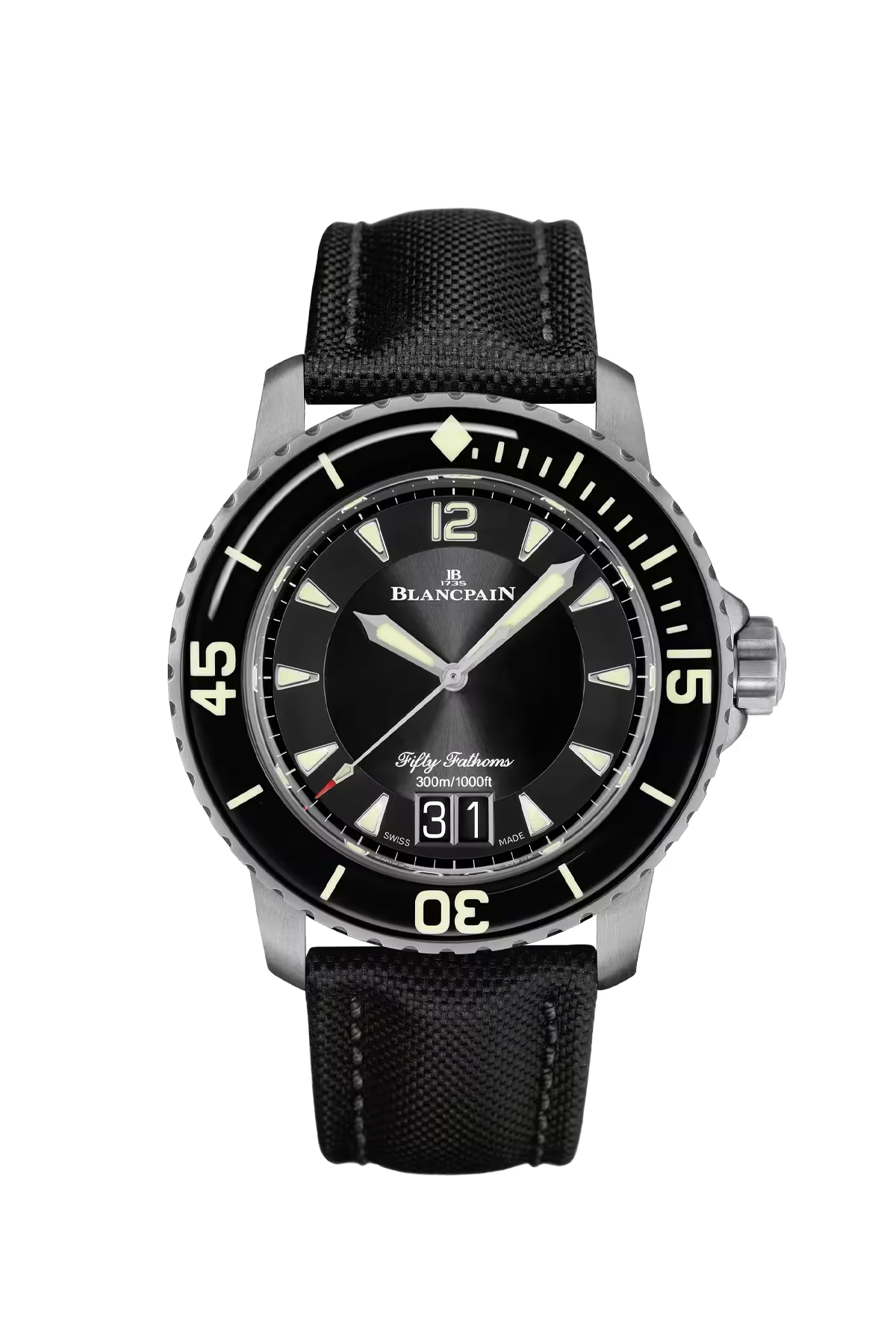 Часы Blancpain Fifty Fathoms Grande Date 45 мм: титановый корпус и черный циферблат. Референс 5050-12B30-B52B.