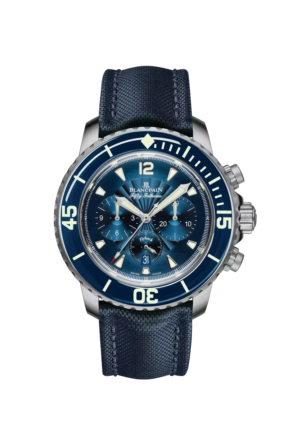 Часы Blancpain Fifty Fathoms Flyback Chronograph 45 мм: стальной корпус и синий циферблат с солнечной отделкой. Референс 5085FB-1140-52B.