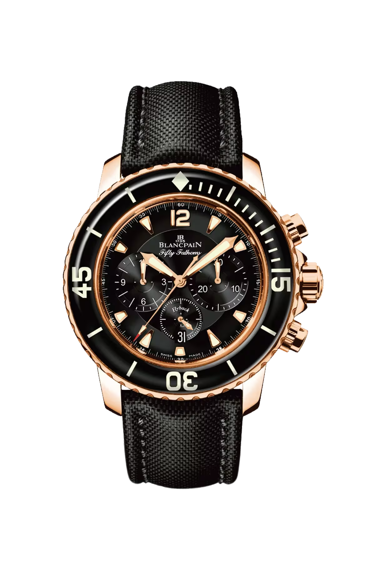 Часы Blancpain Fifty Fathoms Flyback Chronograph 45 мм: корпус из красного золота и черный циферблат. Референс 5085F-3630-52B.