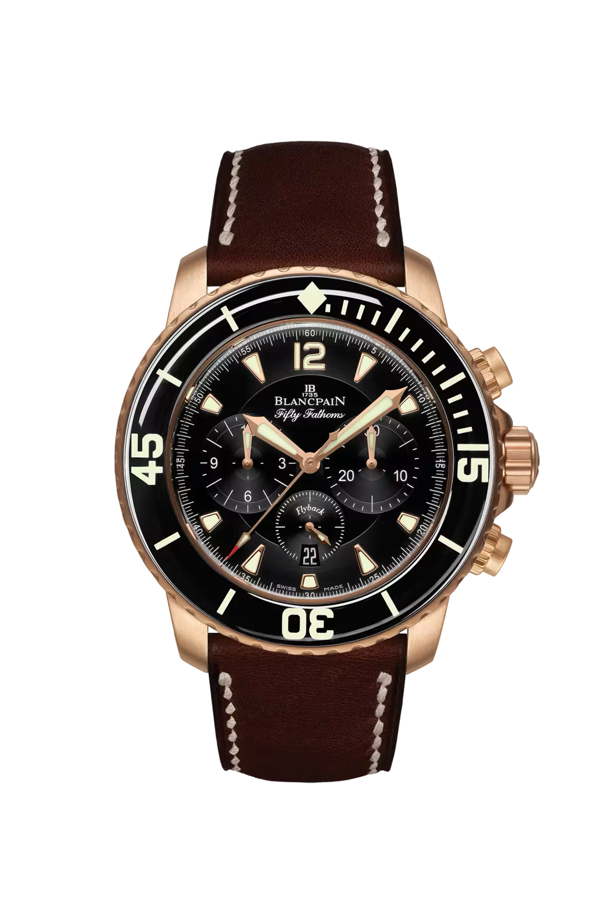 Blancpain Fifty Fathoms Flyback Chronograph 45 մմ ժամացույց՝ կարմիր ոսկուց պատյանով և սև թվատախտակով։ Ռեֆերենս՝ 5085FA-3630-63B։