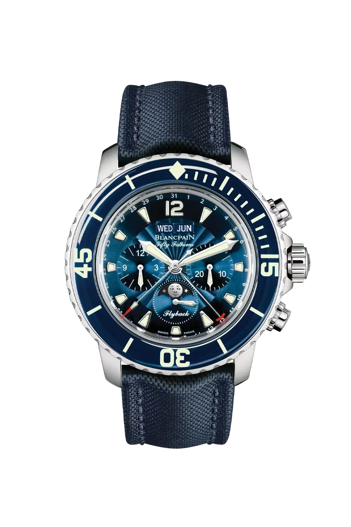 Часы Blancpain Fifty Fathoms Flyback Calendar 45 мм: стальной корпус и синий циферблат с солнечной отделкой. Референс 5066F-1140-52B.