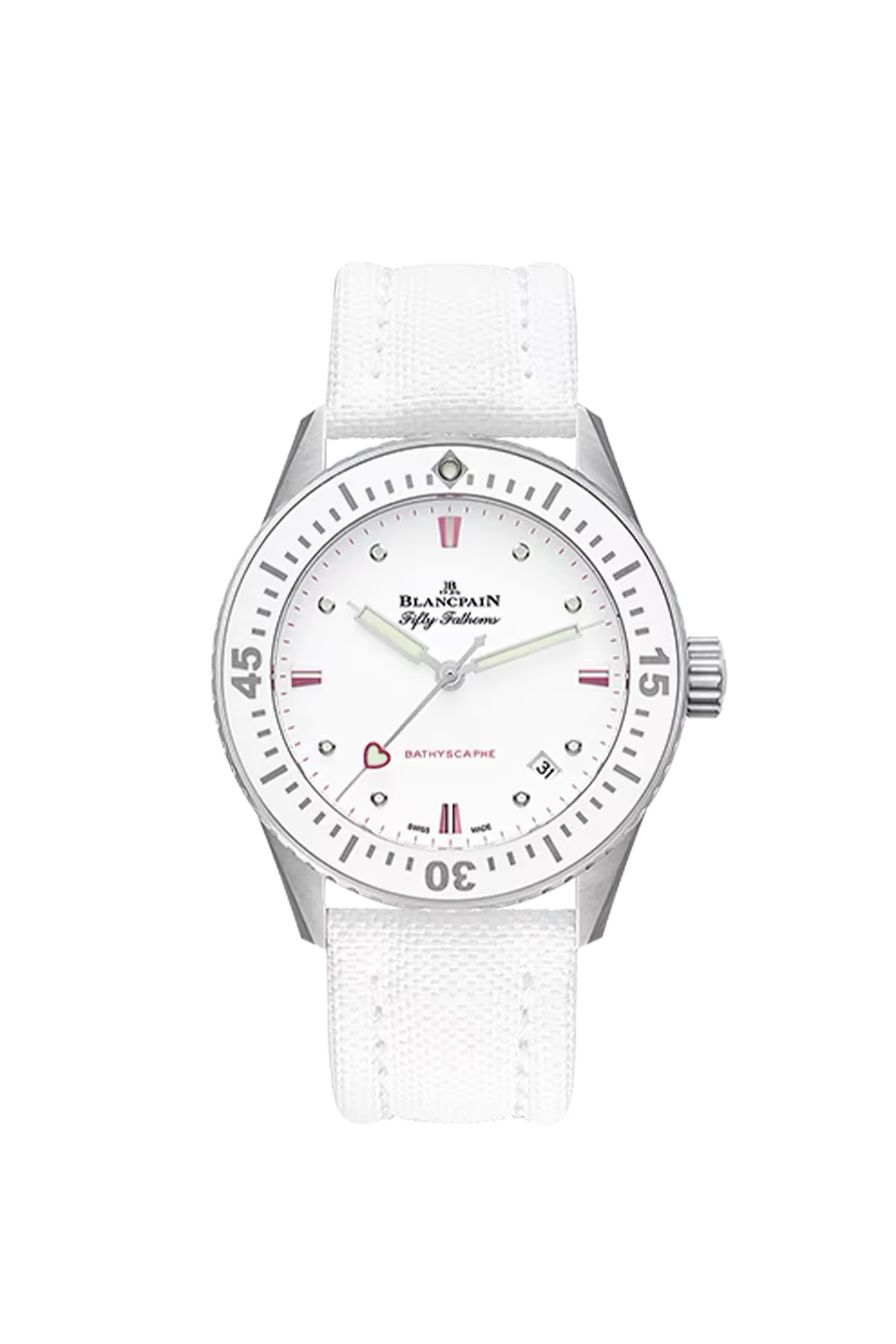 Часы Blancpain Bathyscaphe Valentine 2023 38 мм: стальной корпус и белый циферблат. Референс 5100A-1127-W52A.