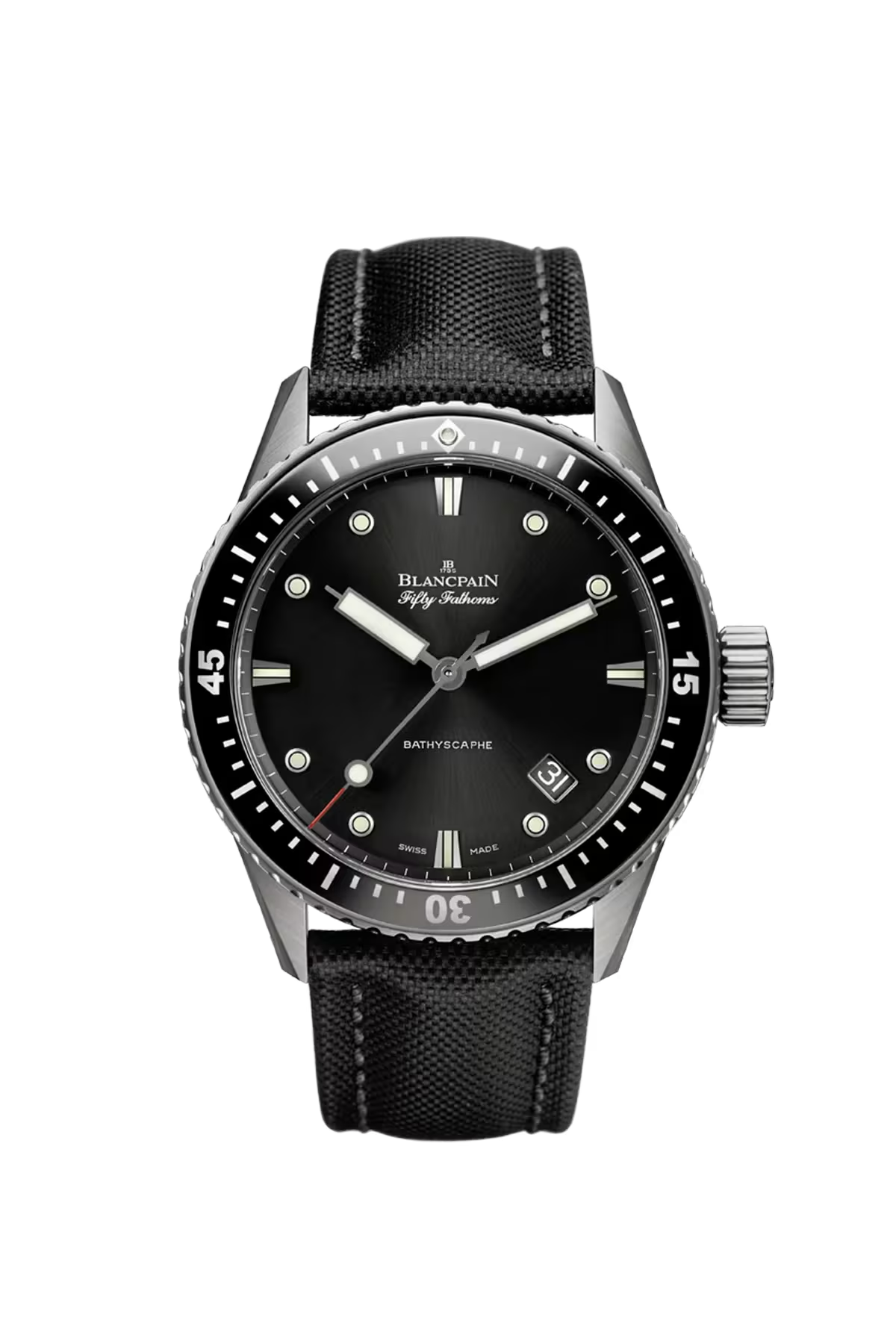 Часы Blancpain Bathyscaphe 43 мм: титановый корпус и черный циферблат с солнечной отделкой. Референс 5000-1230-B52A.