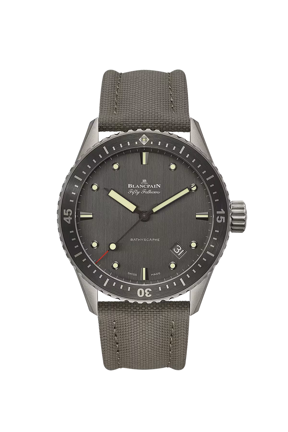 Часы Blancpain Bathyscaphe 43 мм: титановый корпус и антрацитовый циферблат с вертикальной сатинированной отделкой. Референс 5000-1210-G52A.