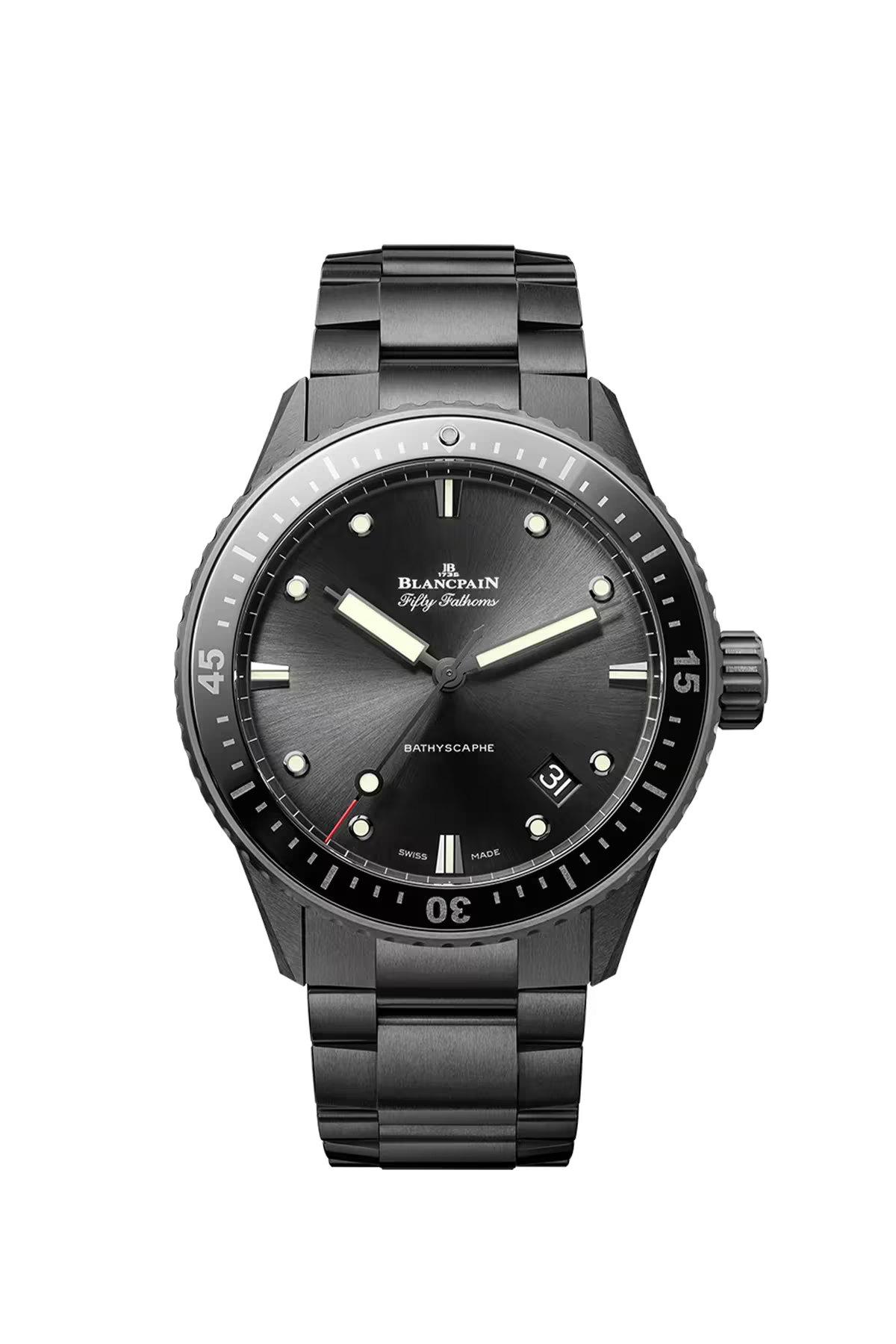 Blancpain Bathyscaphe 43.6 մմ ժամացույց՝ կերամիկական պատյանով և արևային հարդարմամբ սև թվատախտակով։ Ռեֆերենս՝ 5000-0130-01S։