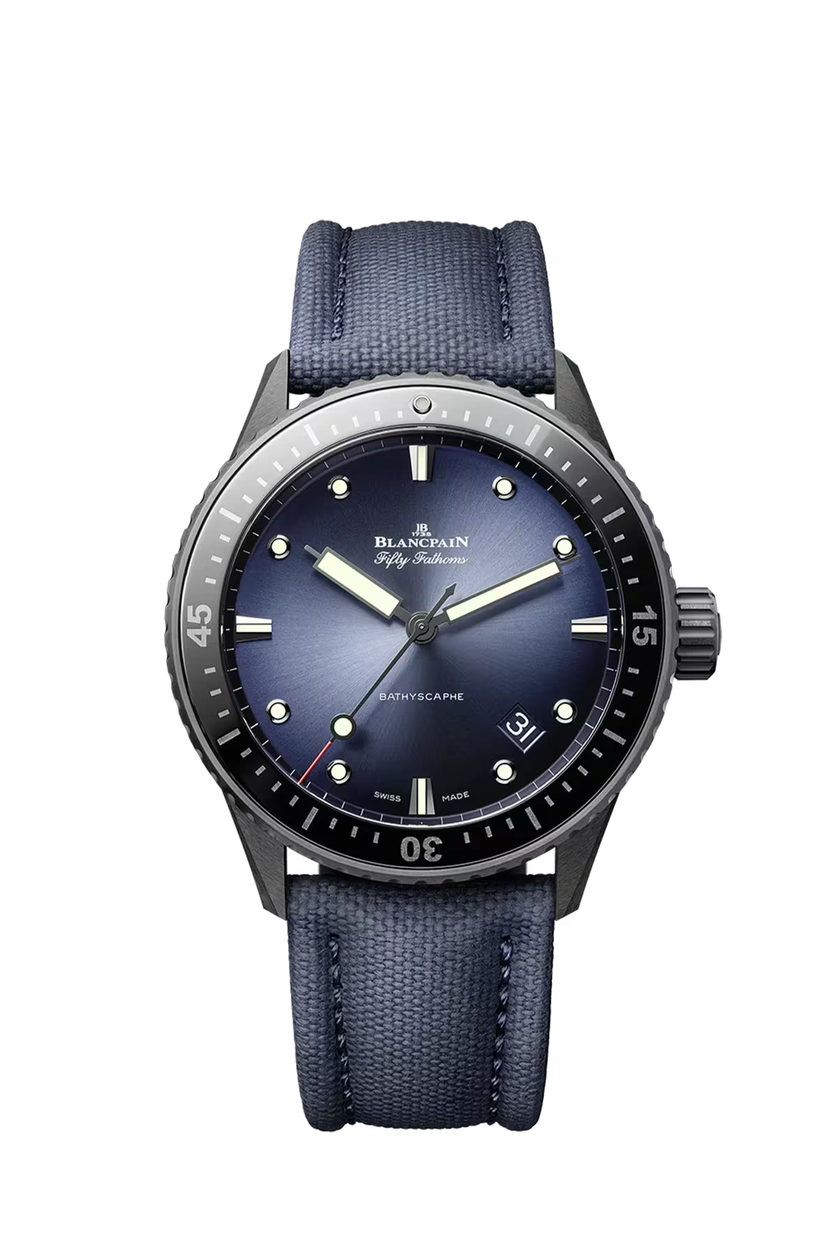 Blancpain Bathyscaphe 43.6 մմ ժամացույց՝ կերամիկական պատյանով և աստիճանավոր կապույտ թվատախտակով։ Ռեֆերենս՝ 5000A-0140-O52A։