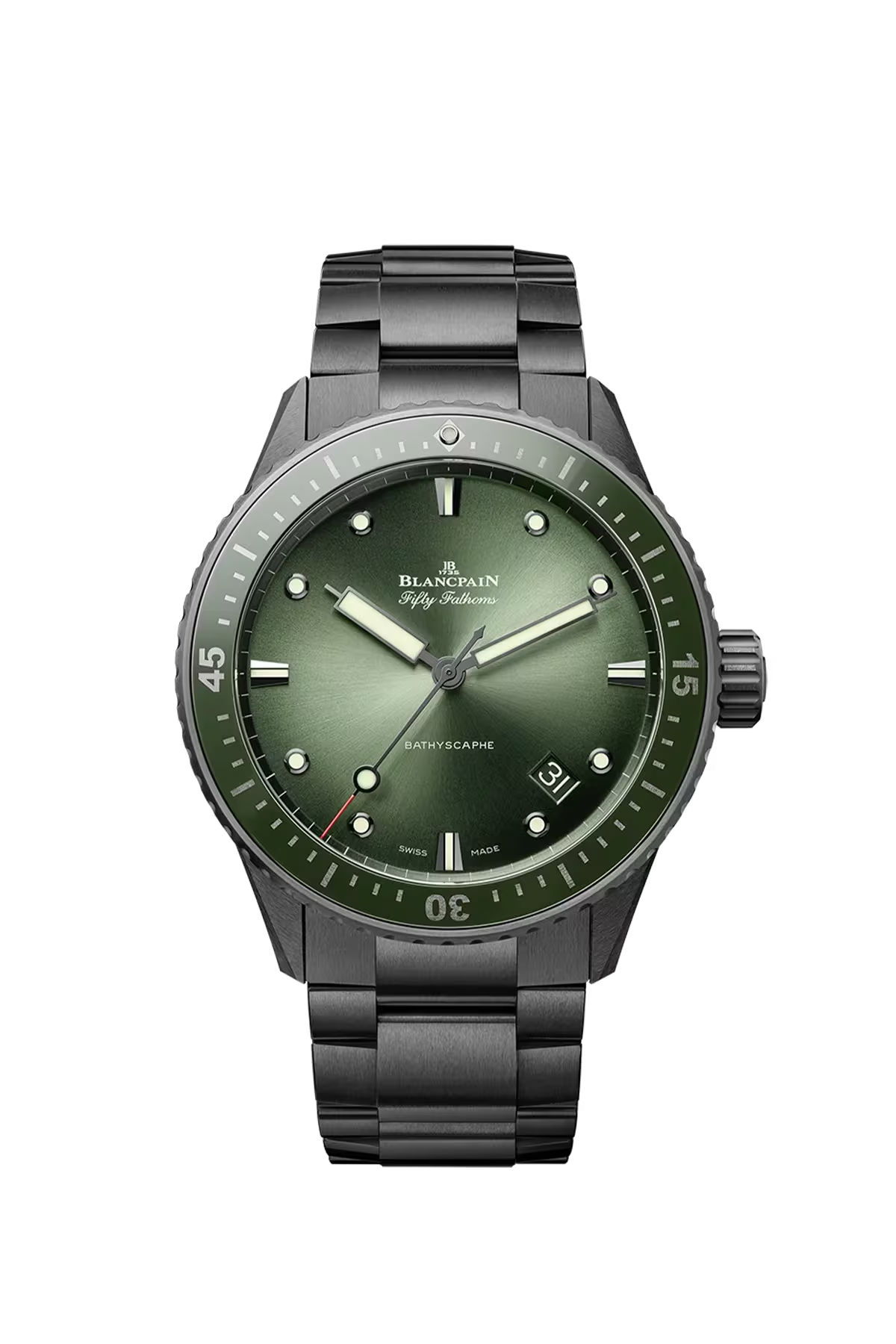 Часы Blancpain Bathyscaphe 43 мм: керамический корпус и зеленый циферблат с солнечной отделкой. Референс 5000-0153-01S.