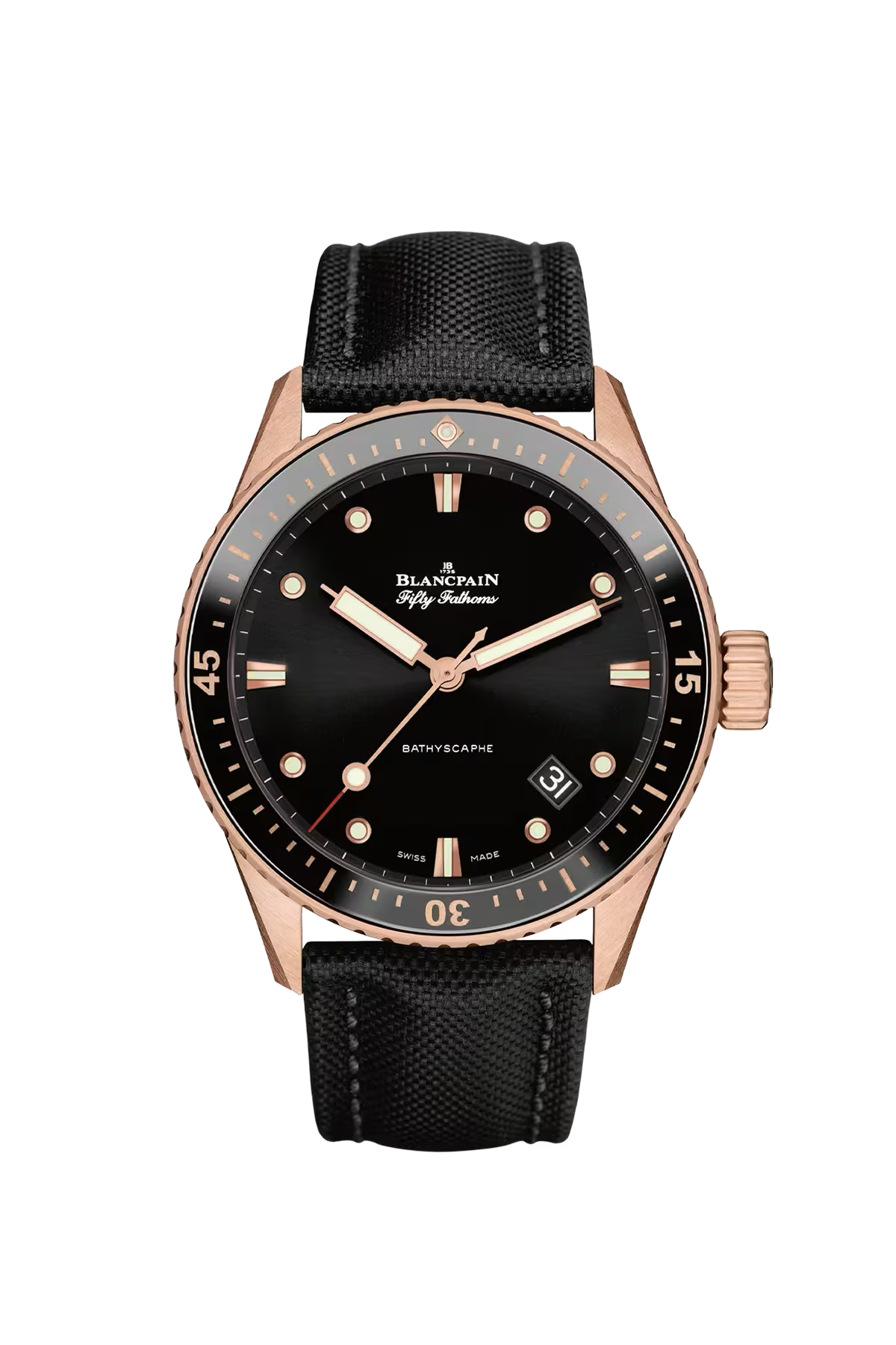 Часы Blancpain Bathyscaphe 43 мм: корпус из золота Sedna® и черный циферблат с солнечной отделкой. Референс 5000-36S30-B52B.