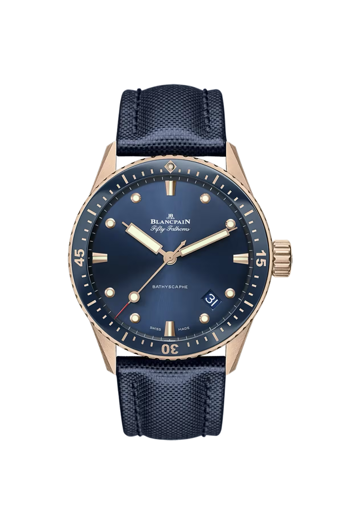 Часы Blancpain Bathyscaphe 43 мм: корпус из золота Sedna® и синий градиентный циферблат. Референс 5000-36S40-O52B.