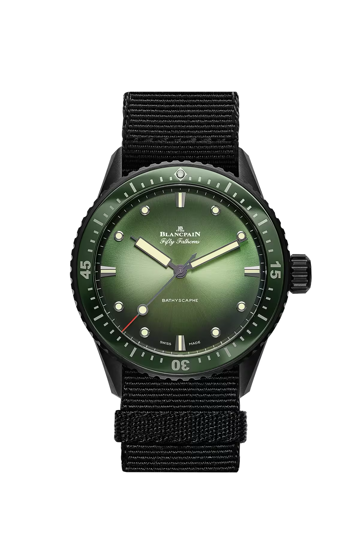 Часы Blancpain Bathyscaphe Mokarran 43,6 мм: керамический корпус и зеленый циферблат с солнечной отделкой. Референс 5005-0153-NABA.