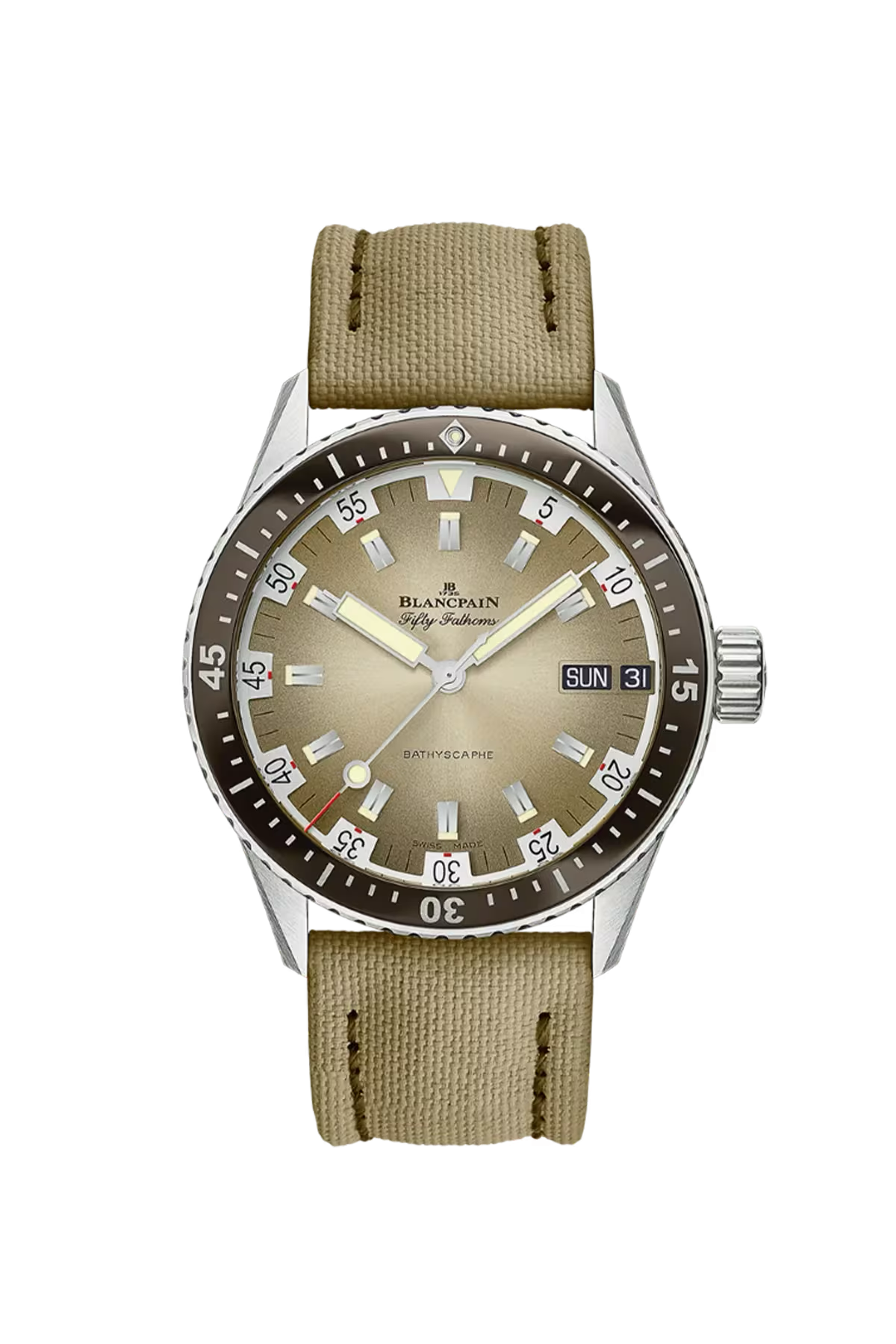 Часы Blancpain Bathyscaphe Day Date Desert 43 мм: стальной корпус и градиентный циферблат песочного цвета. Референс 5052-1146-E52A.