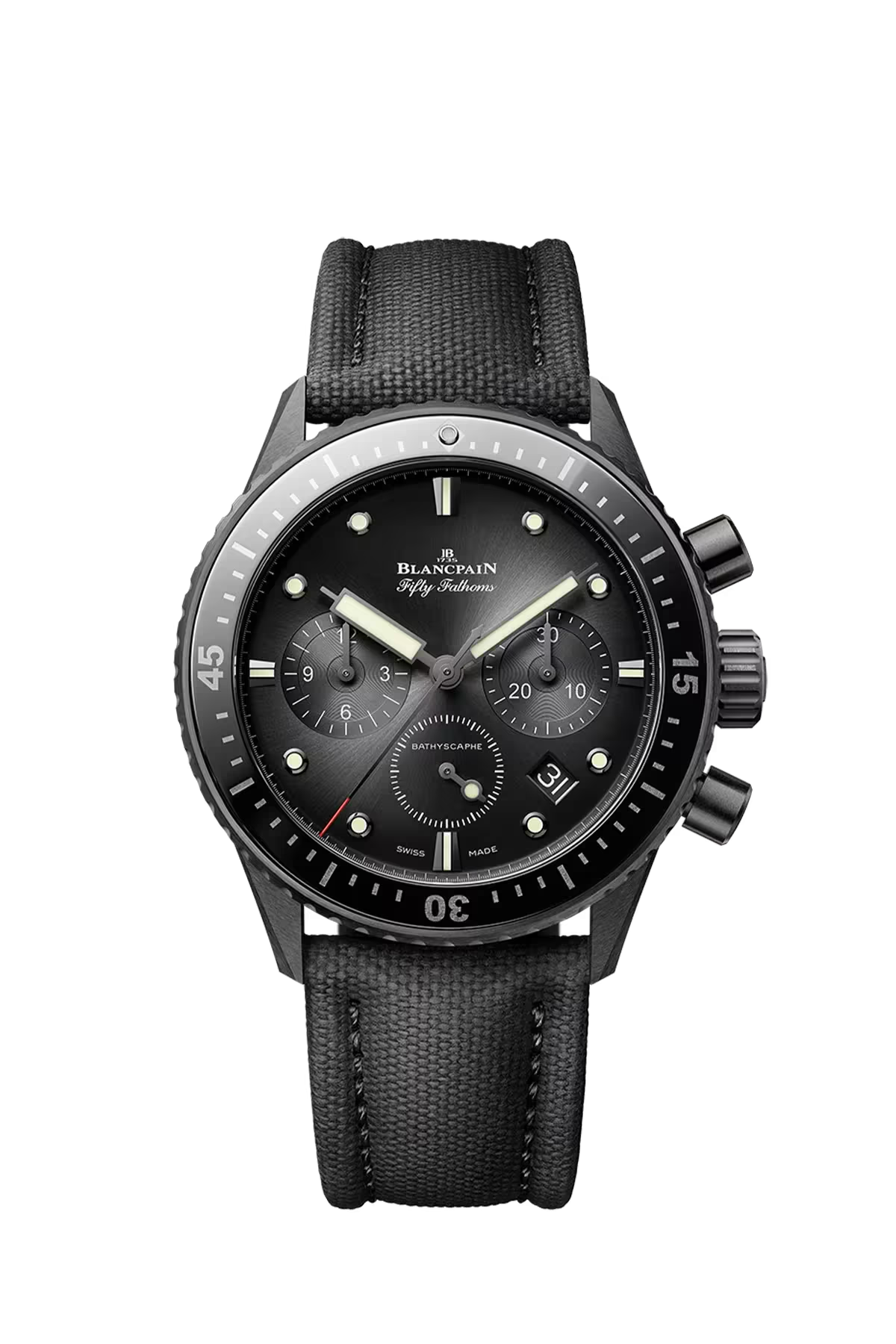 Часы Blancpain Bathyscaphe Chronographe Flyback 43,6 мм: керамический корпус и черный циферблат с солнечной отделкой. Референс 5200-0130-B52A.