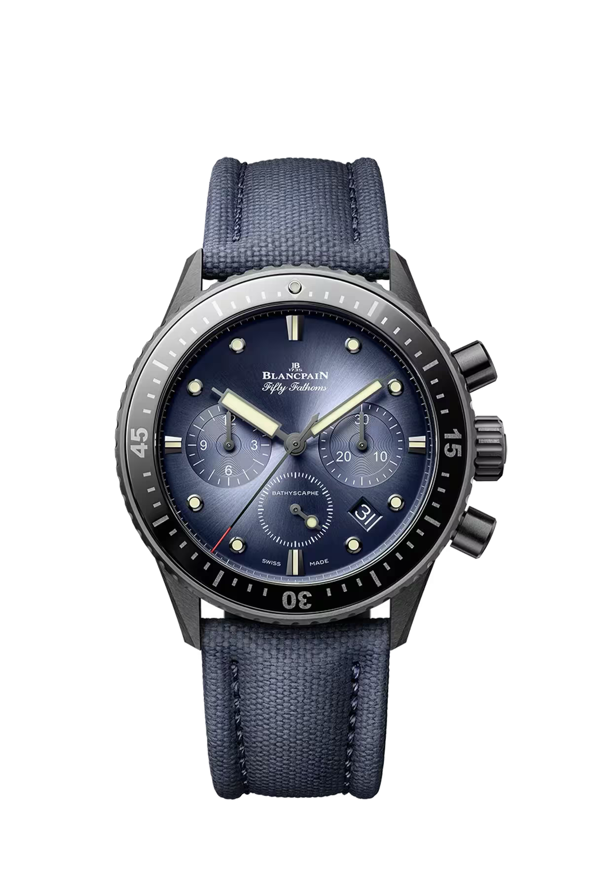 Часы Blancpain Bathyscaphe Chronographe Flyback 43,6 мм: керамический корпус и синий градиентный циферблат. Референс 5200-0140-O52A.