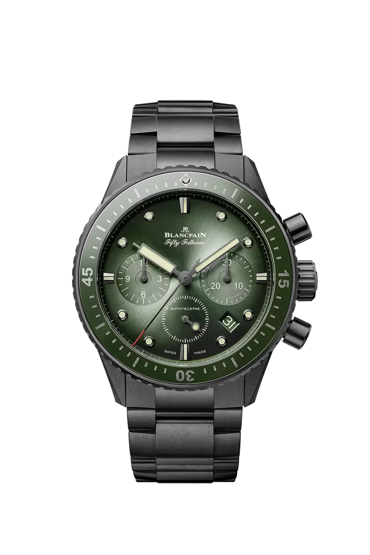 Blancpain Bathyscaphe Chronographe Flyback 43.6 մմ ժամացույց՝ կերամիկական պատյանով և արևային հարդարմամբ կանաչ թվատախտակով։ Ռեֆերենս՝ 5200-0153-01S։