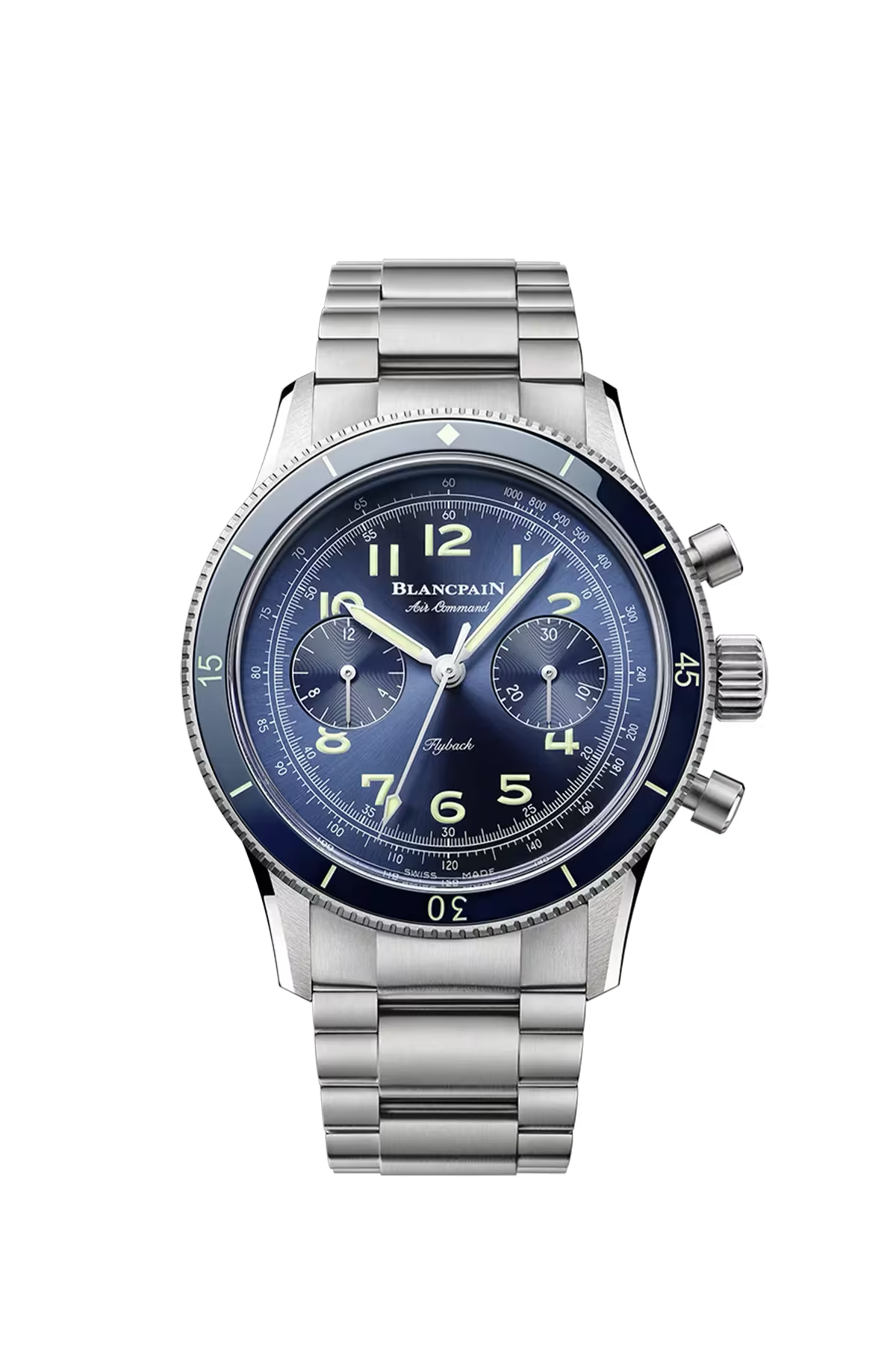 Часы Blancpain Air Command 42,5 мм: титановый корпус и синий циферблат с солнечной отделкой. Референс AC02-12B40-98S.
