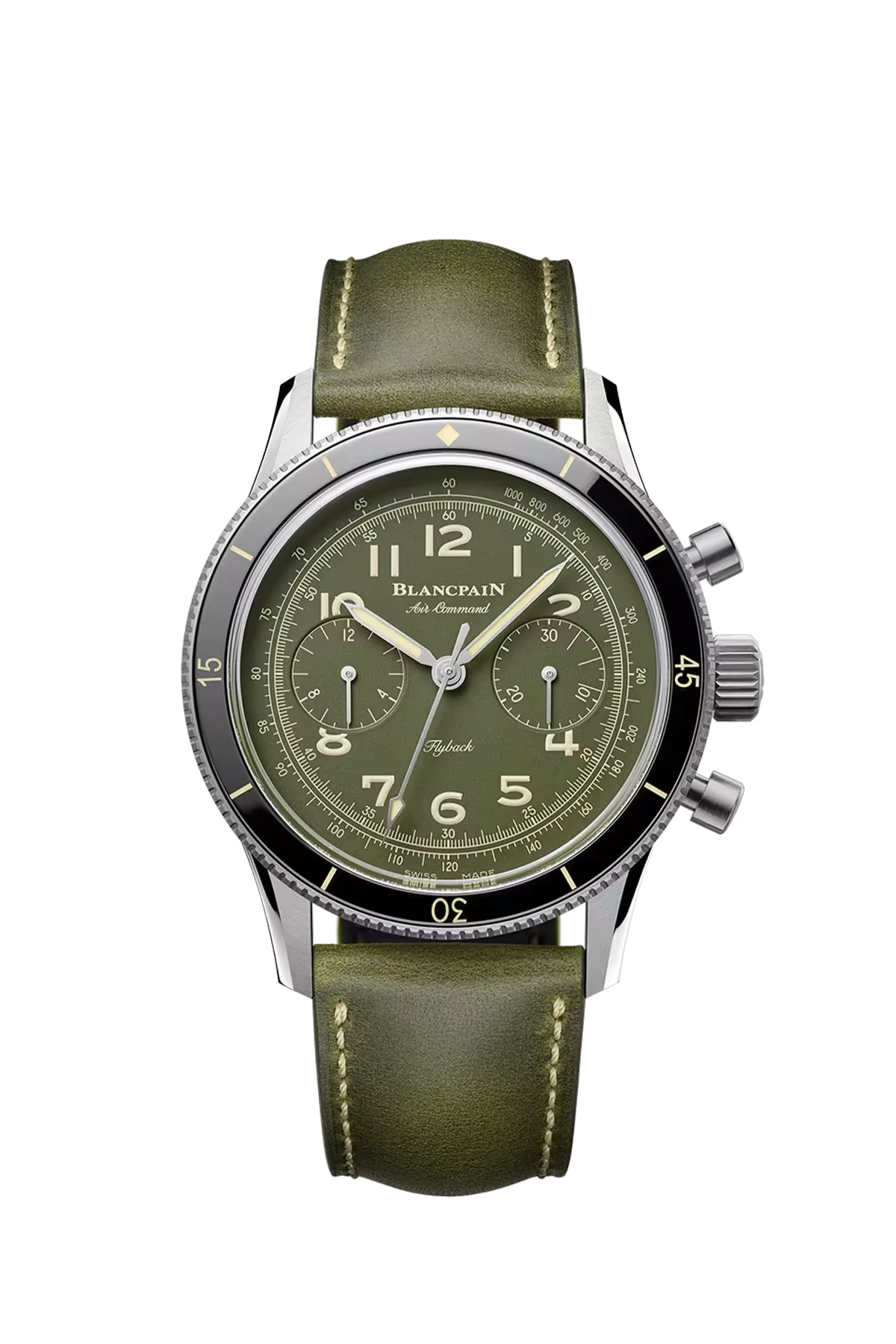 Часы Blancpain Air Command 42,5 мм: титановый корпус и зеленый циферблат с солнечной отделкой. Референс AC02-12B53-63B.