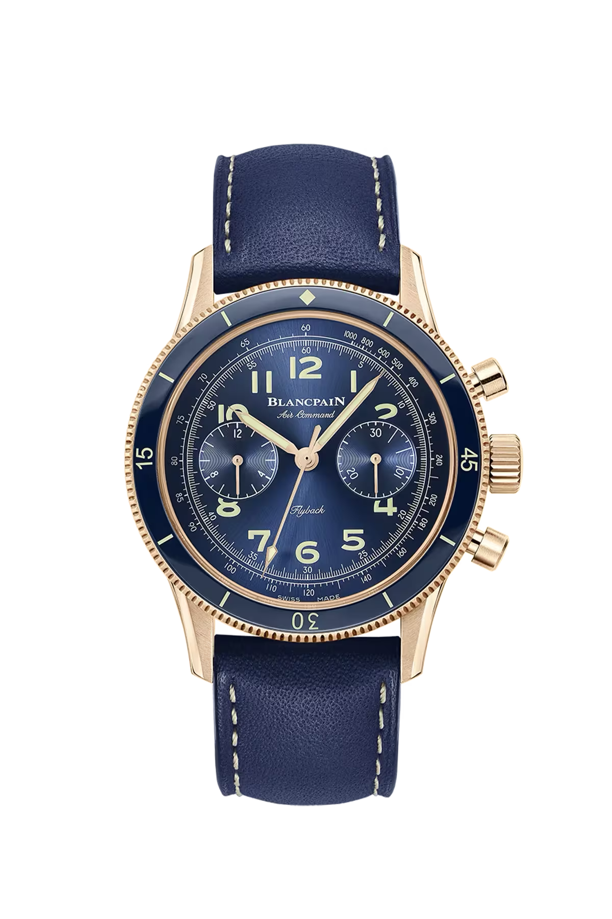 Blancpain Air Command 42.5 մմ ժամացույց՝ կարմիր ոսկուց պատյանով և արևային հարդարմամբ կապույտ թվատախտակով։ Ռեֆերենս՝ AC02-36B40-63B։