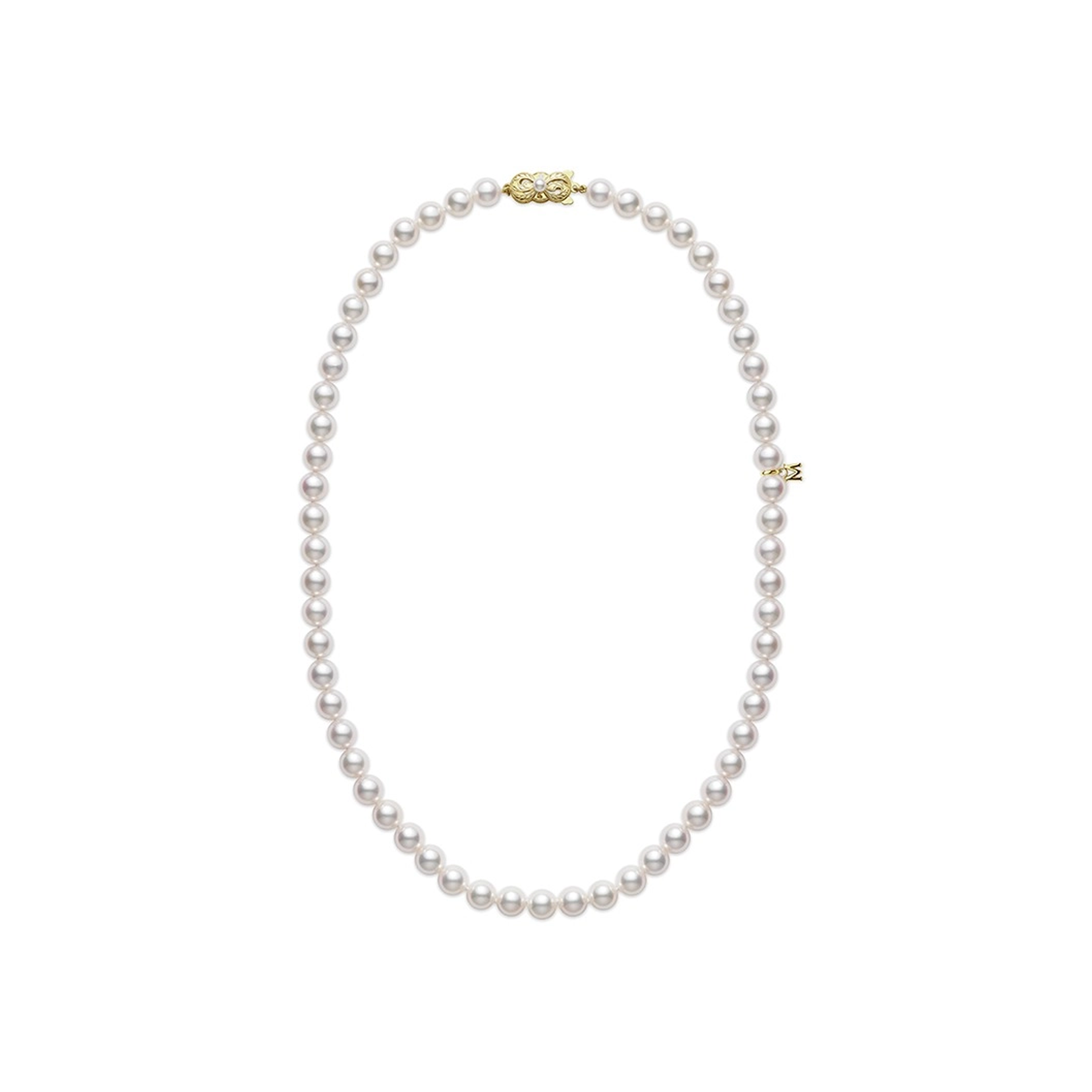 Mikimoto 18 դյույմ մարգարտաշար վզնոց Ակոյա աճեցված մարգարիտներից՝ 18 կարատանոց դեղին ոսկե ամրակով