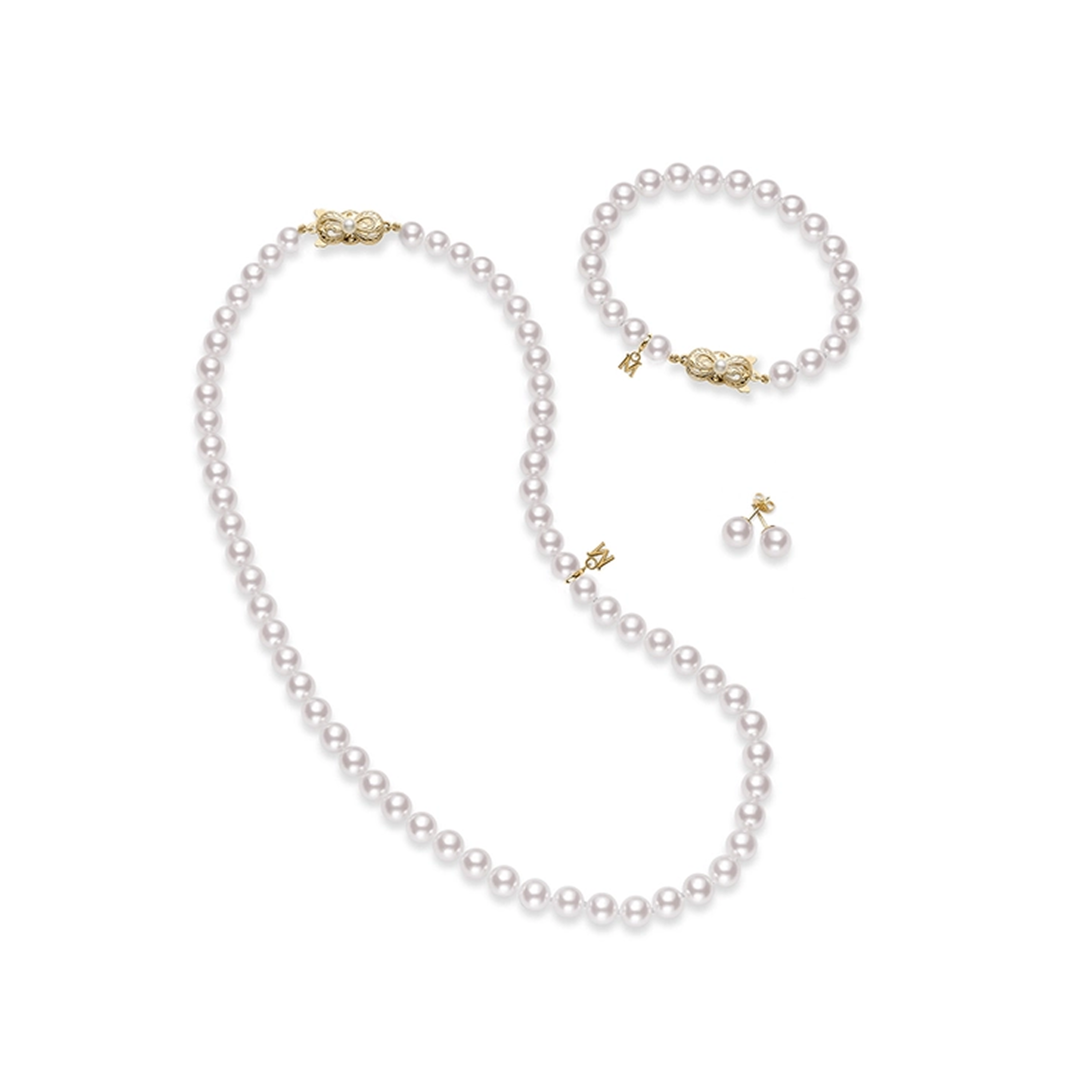 Комплект Mikimoto из трёх предметов с культивированным жемчугом Акоя, жёлтое золото 18 карат. Референс UN70118VS1K3.