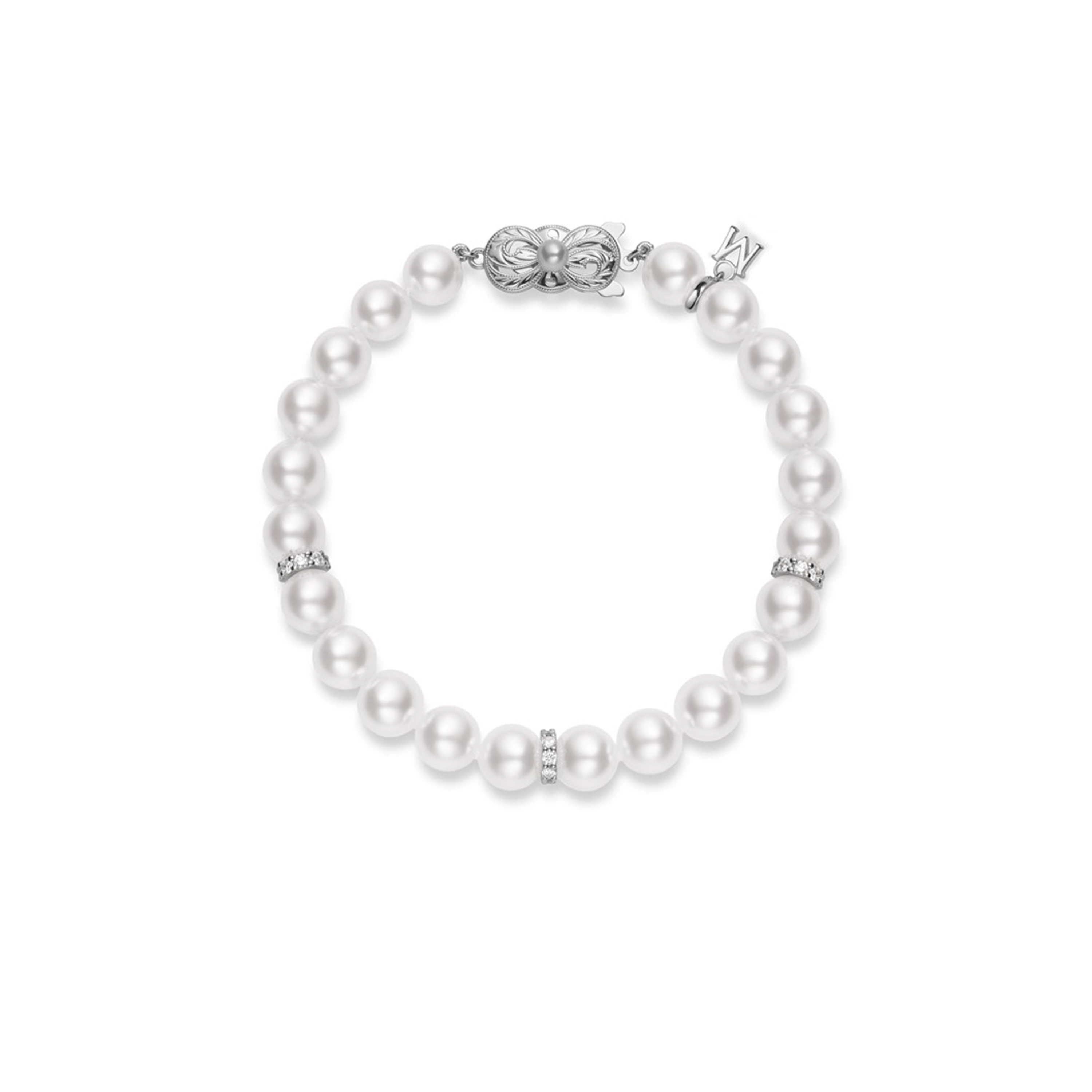 Браслет Mikimoto с культивированным жемчугом Акоя и бриллиантовыми рондолями из белого золота 18 карат. Референс PDL75107WGS13.