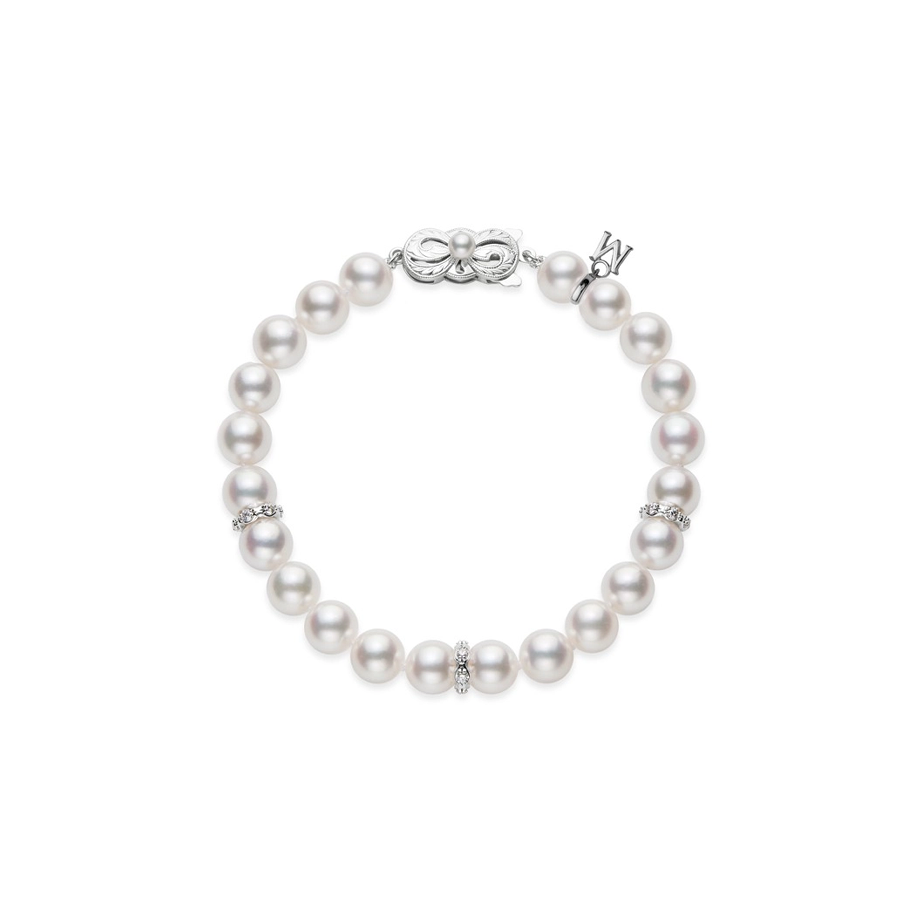 Браслет Mikimoto с культивированным жемчугом Акоя и бриллиантовыми рондолями из белого золота 18 карат. Референс MDP10100ADXWP70.