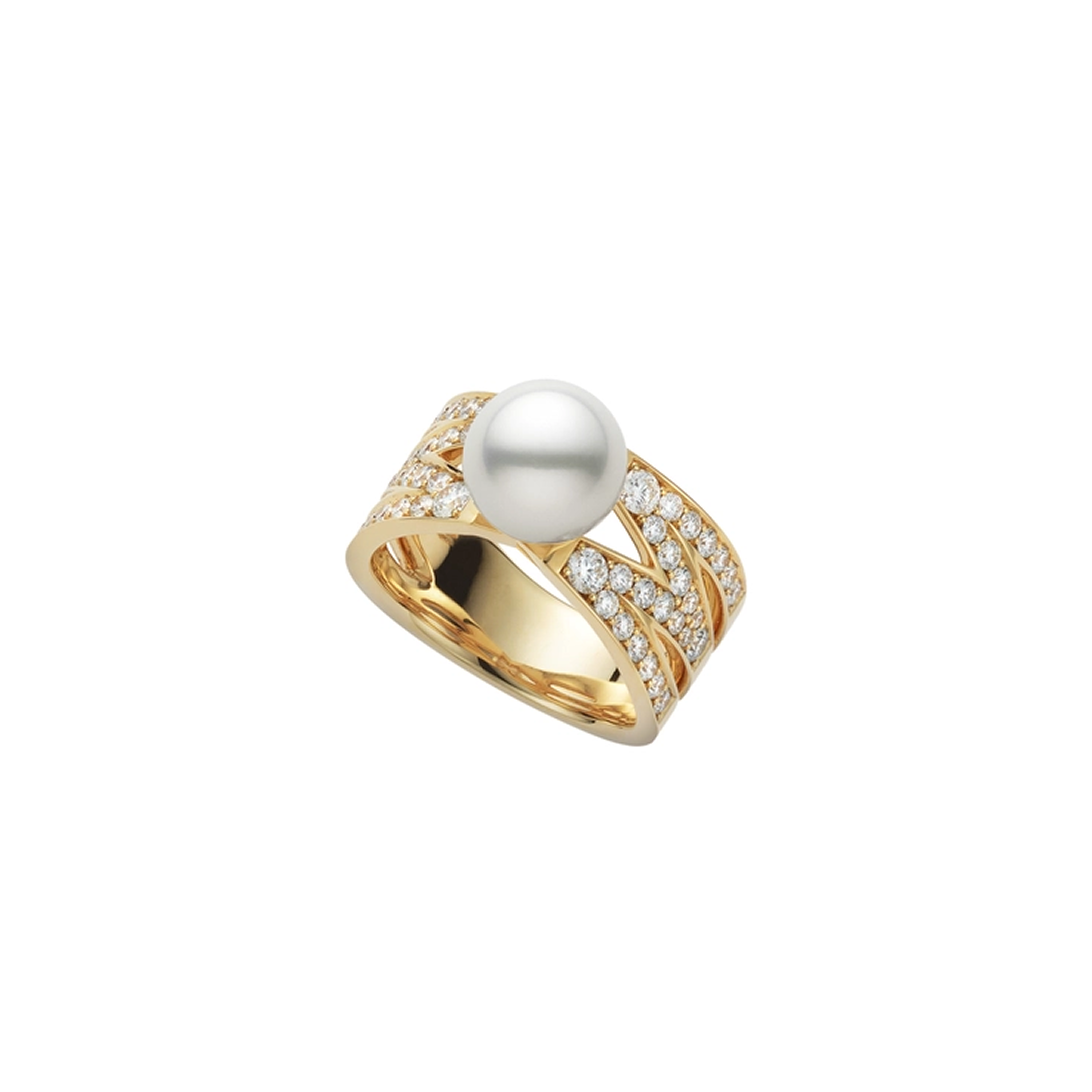 Кольцо Mikimoto M Signature с культивированной жемчужиной Акоя и бриллиантами из жёлтого золота 18 карат. Референс MRA10276ADXK.