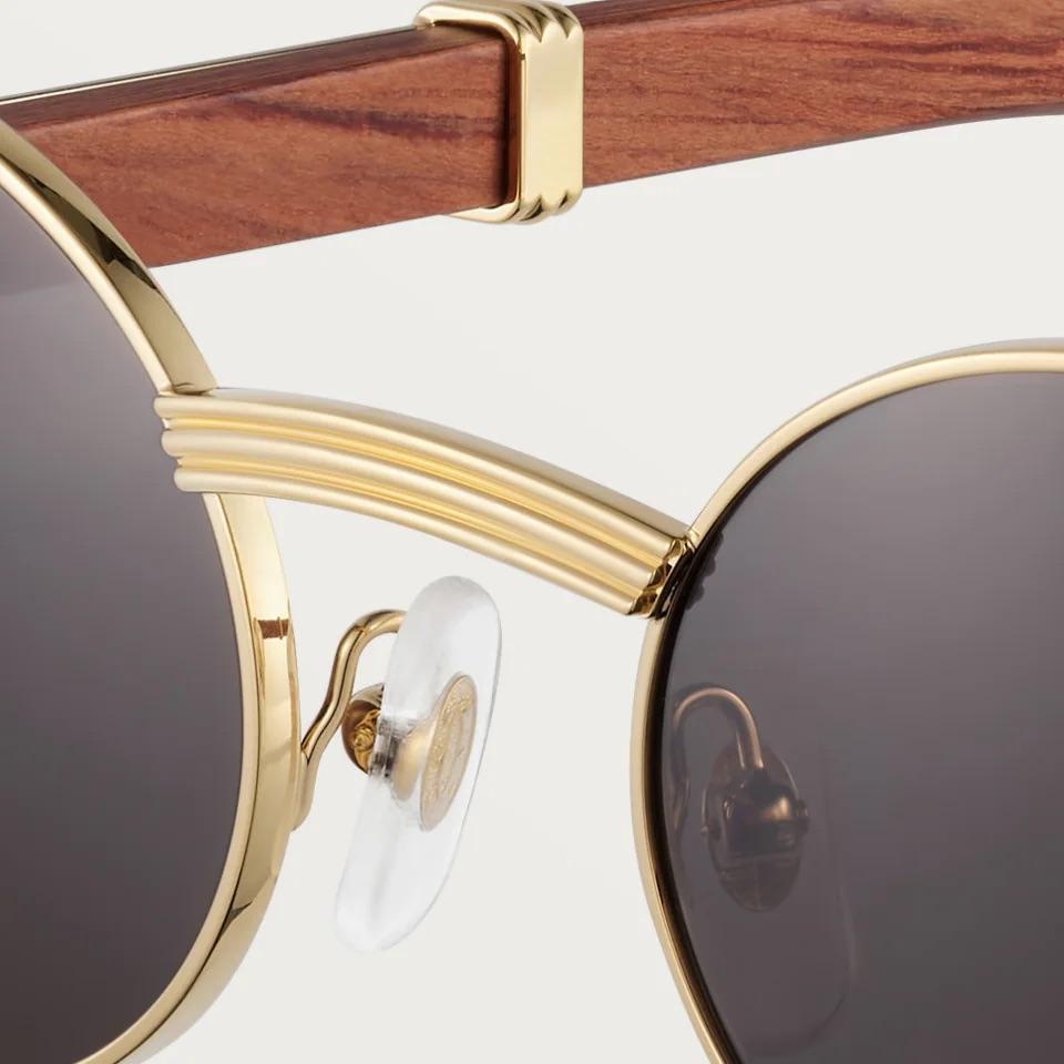 Cartier CRESW00670 արևային ակնոց շագանակագույն փայտից և ոսկեգույն շրջանակով ու մոխրագույն ոսպնյակներով, 53 մմ